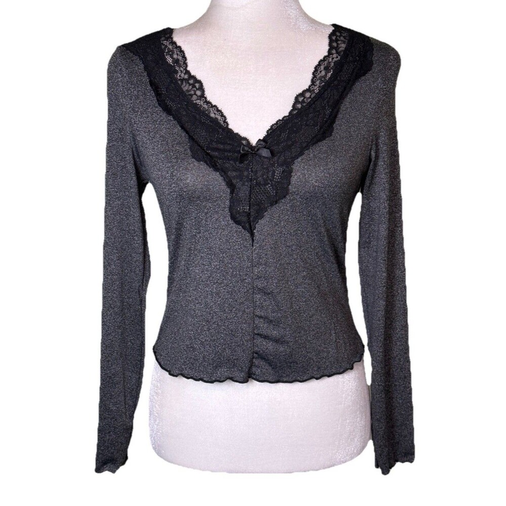 Women Romantic Goth Lace Trim V Neck Long Sleeve Fitted Top Lettuce Hem Size Med